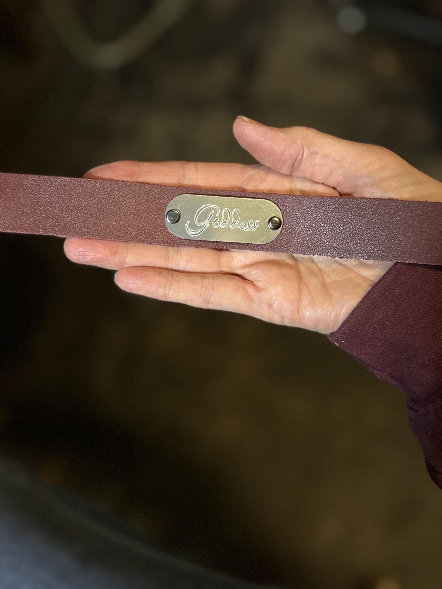 Mauve leather wrap bracelet with brass Goddess plate by Loren Morris, Primitive Witchery