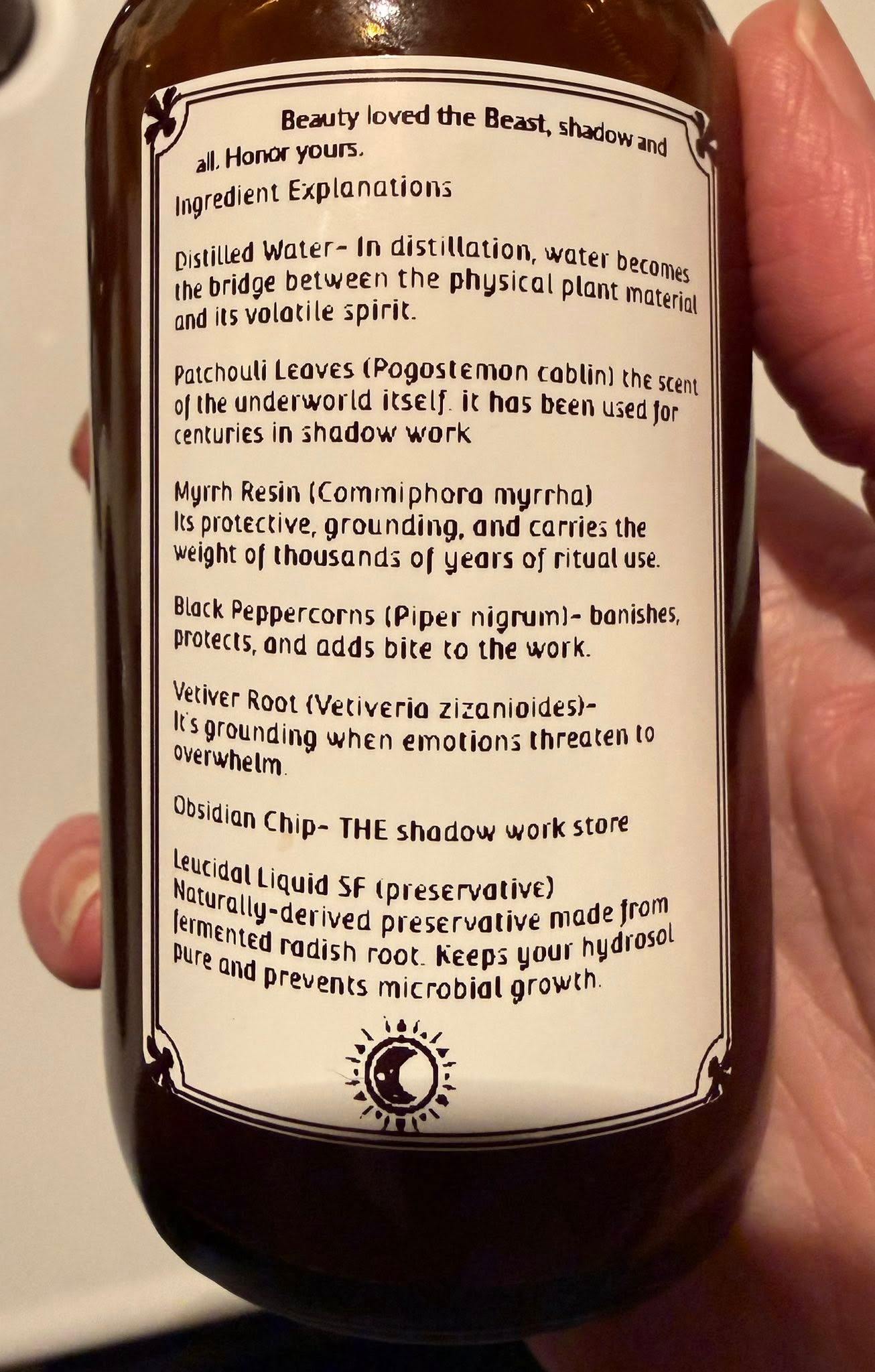 Shadow's Keep Power Hydrosol back ingredient label by Loren Morris, Primitive Witchery
