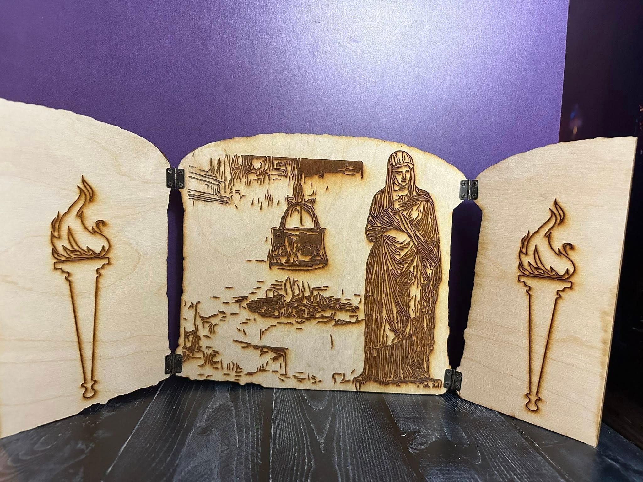 Wood-burned Vesta triptych altar box open view by Loren Morris, Primitive Witchery