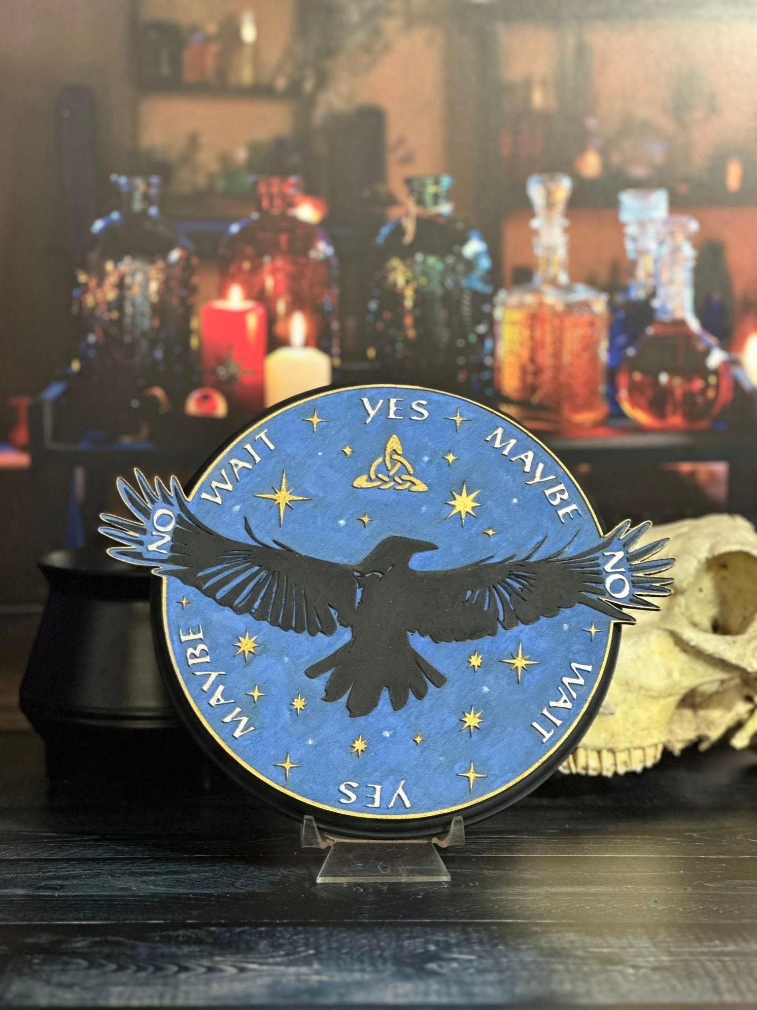 Hand-painted raven pendulum board with Celtic triquetra by Loren Morris, Primitive Witchery