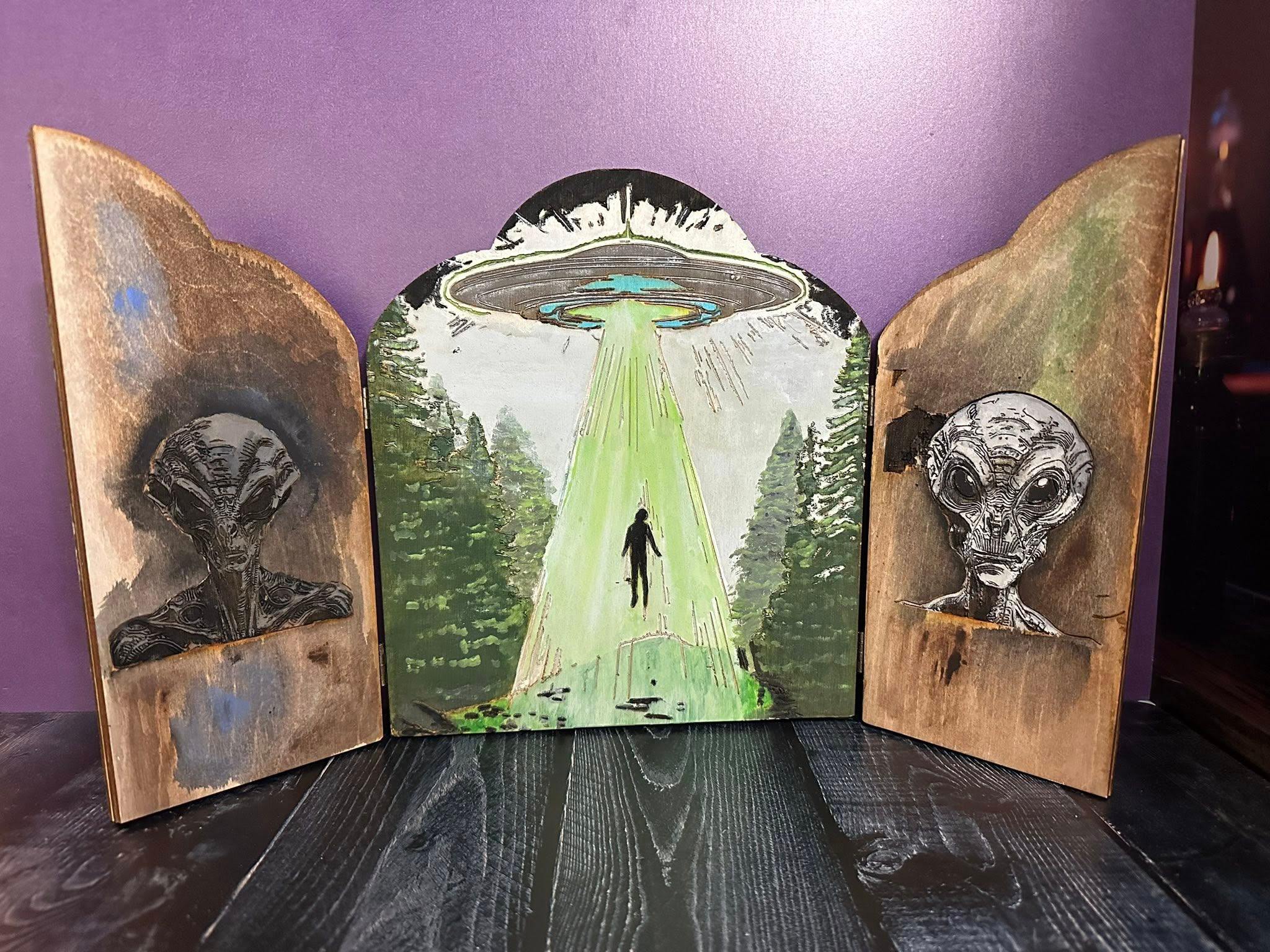 Alien abduction triptych altar box open view with grey aliens by Loren Morris, Primitive Witchery