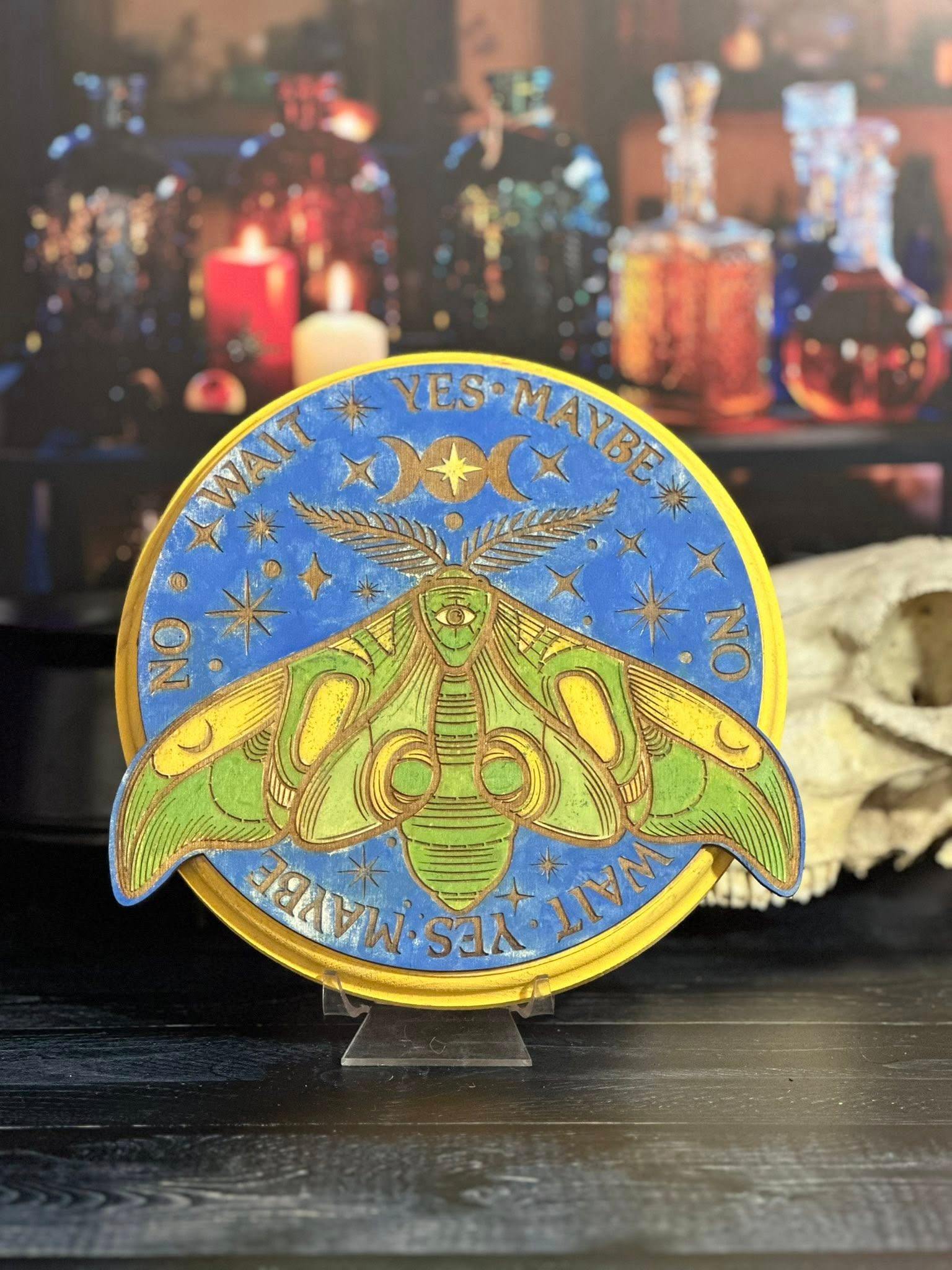 Hand-painted luna moth pendulum board with triple moon by Loren Morris, Primitive Witchery