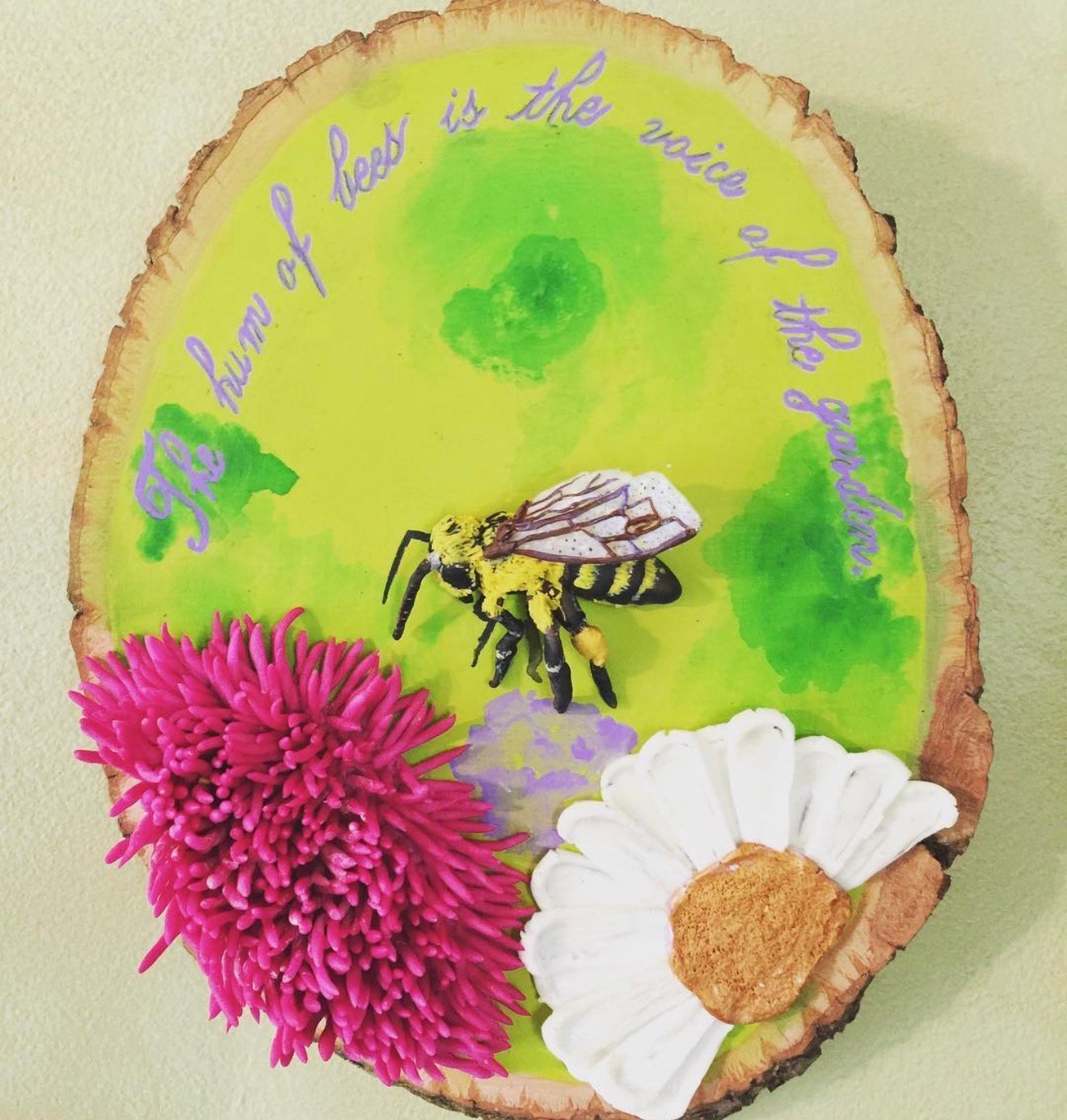 Mixed media bee and flower wood slice with quote by Loren Morris, Primitive Witchery