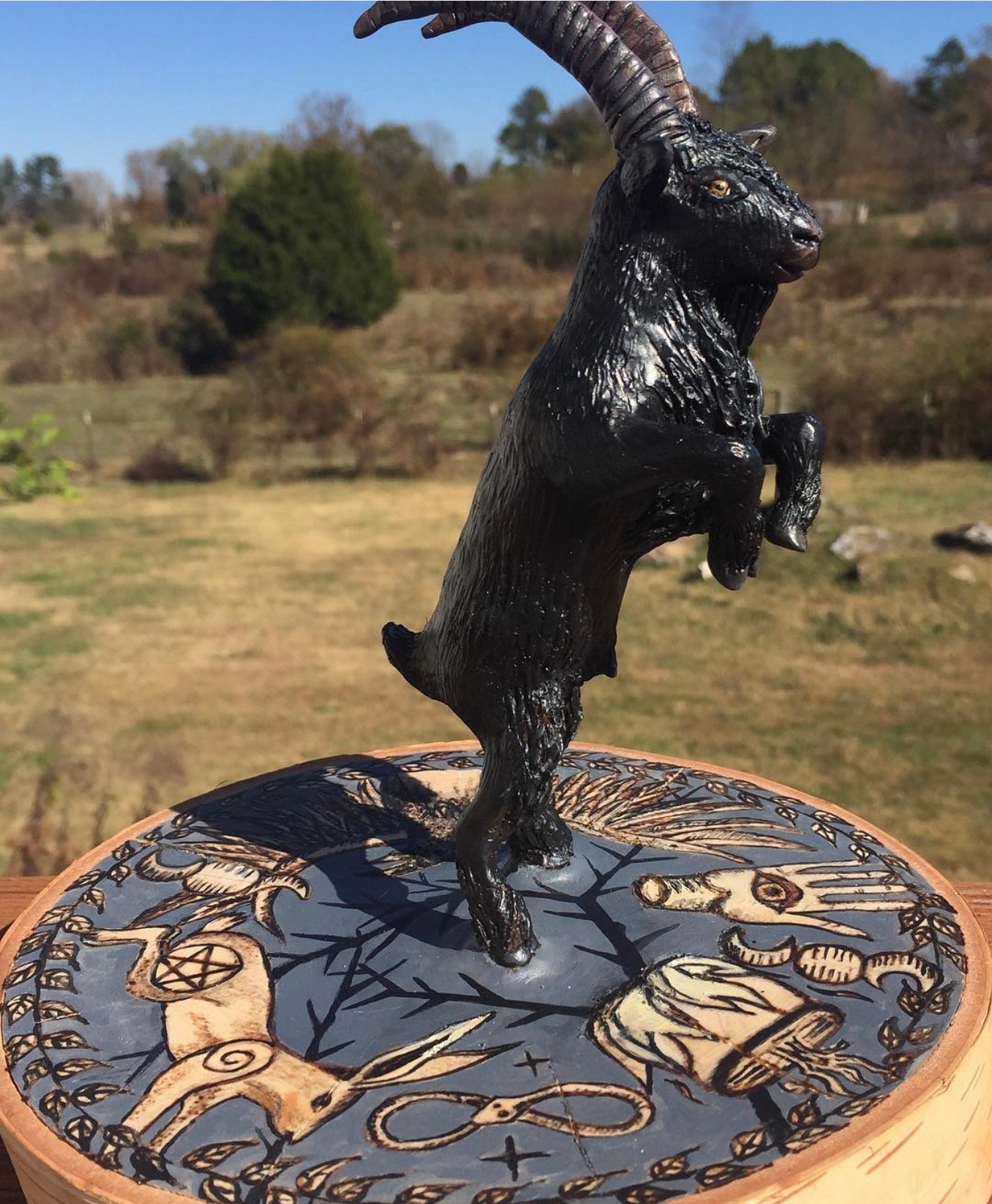 Black Phillip goat sculpture on painted base photographed outdoors by Loren Morris
