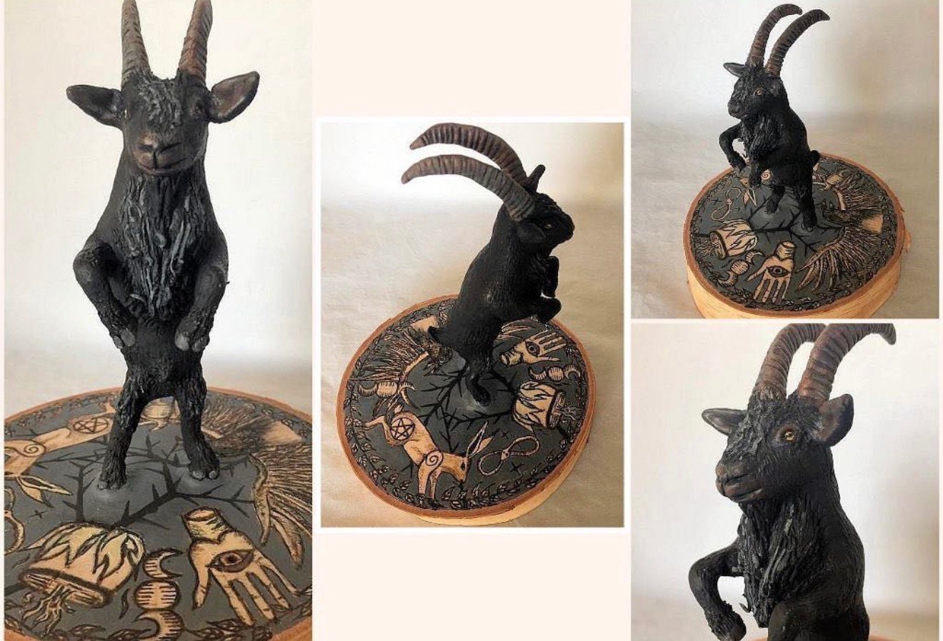 Black Phillip goat statue with painted occult base shown from multiple angles by Loren Morris, Primitive Witchery