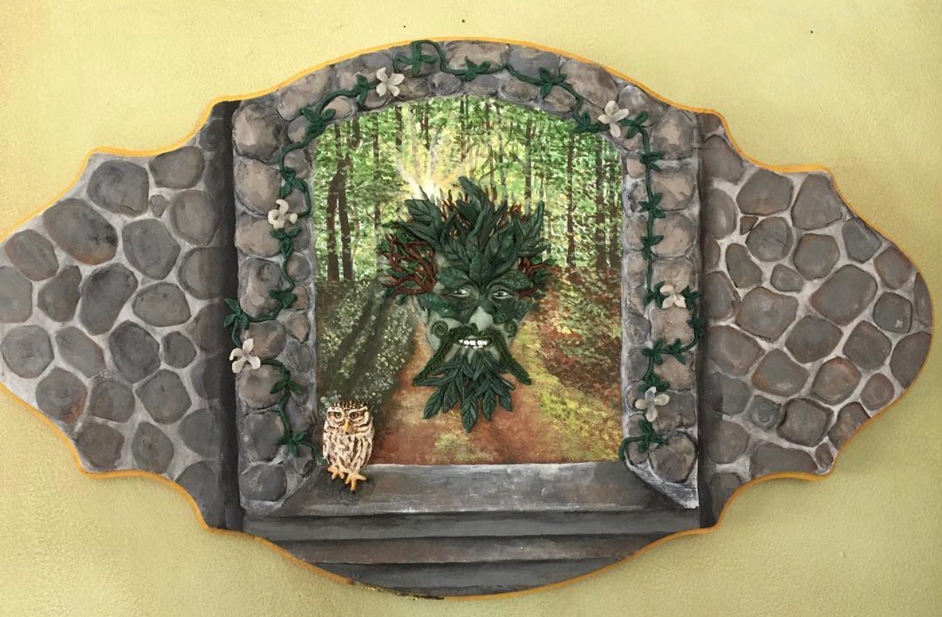 Mixed media Green Man forest window with sculpted stone frame by Loren Morris, Primitive Witchery