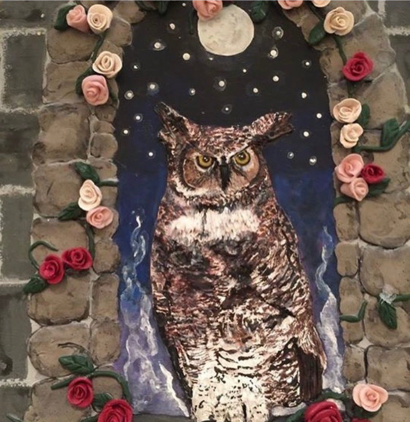 Mixed media great horned owl painting with clay rose frame by Loren Morris, Primitive Witchery