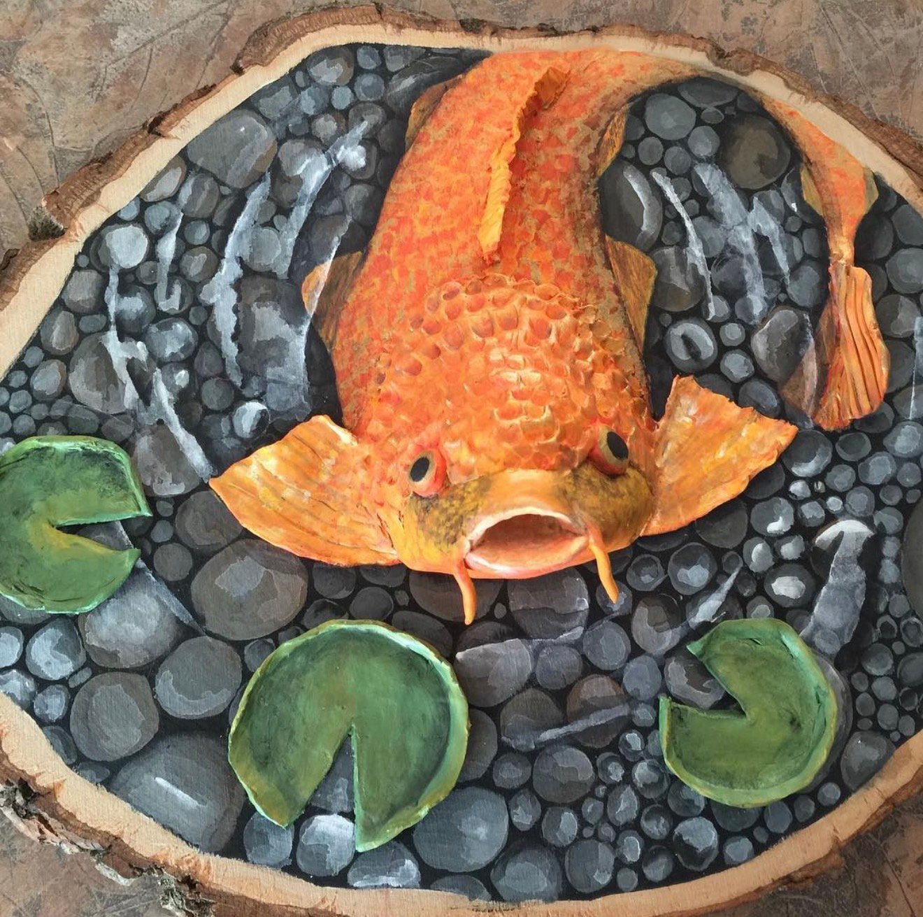 Mixed media koi fish painting on wood slice by Loren Morris, Primitive Witchery