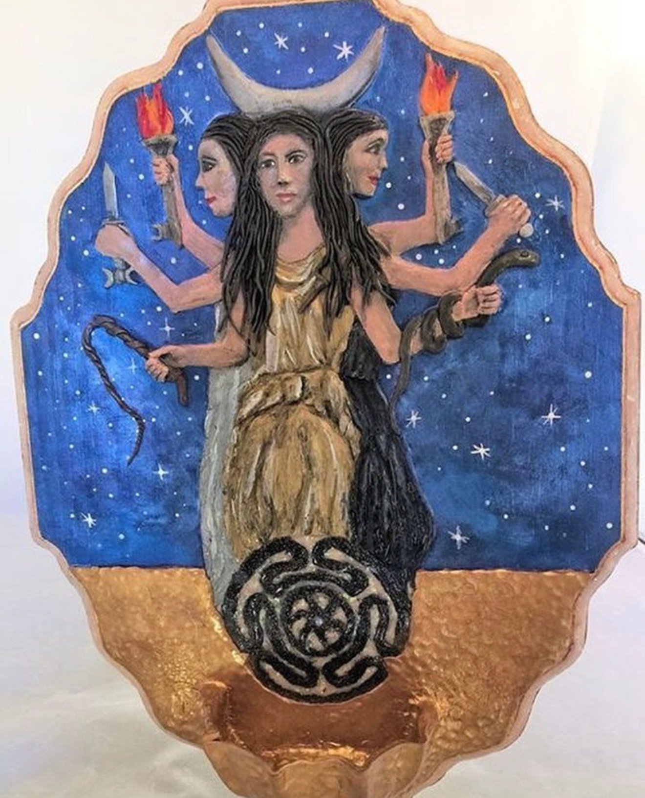 Sculpted Hecate triple goddess plaque with torches and serpent by Loren Morris, Primitive Witchery