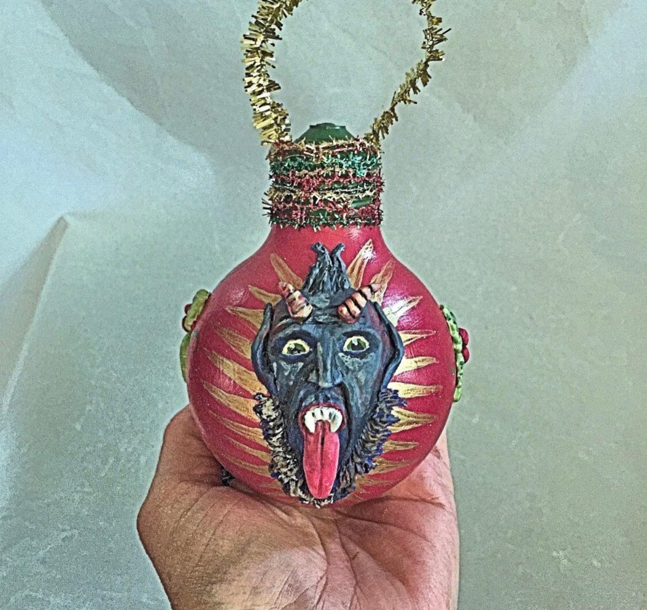 Hand-sculpted Krampus holiday ornament by Loren Morris, Primitive Witchery